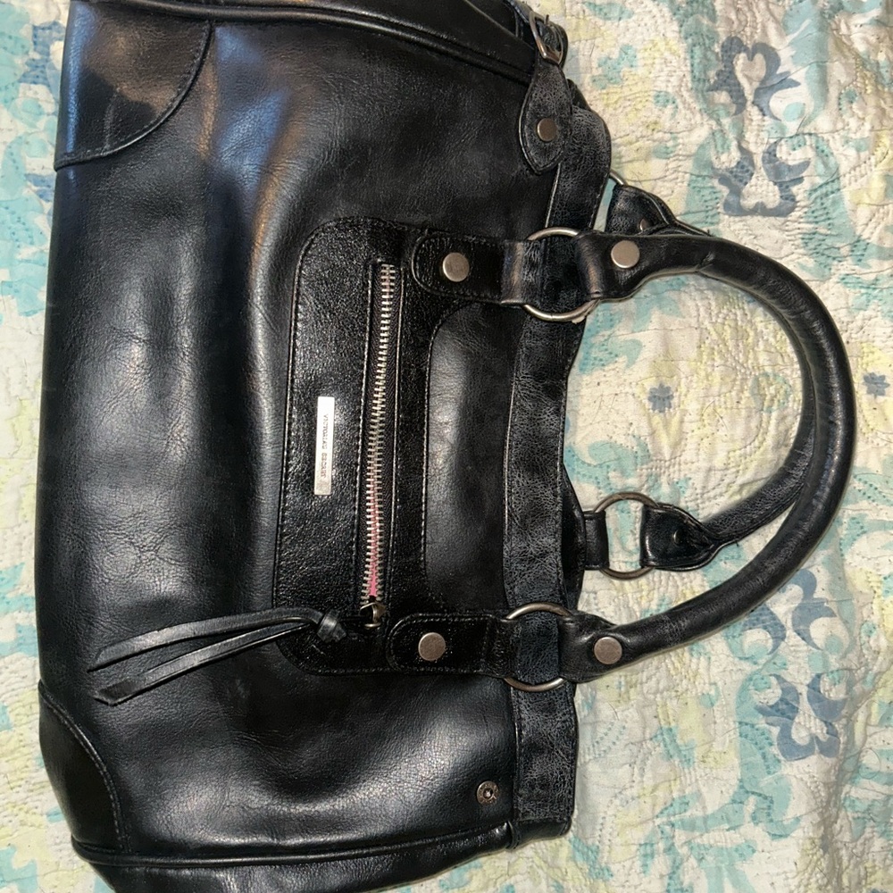 Victoria secret Black Leather Handbag with Silver Accents and pink lining